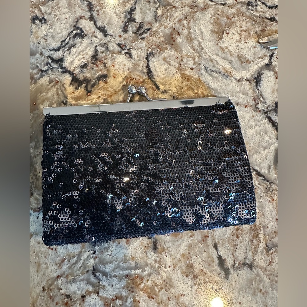 Sequin Evening Bag Black & Silver Chain Formal Prom Vanity Snap Top Purse